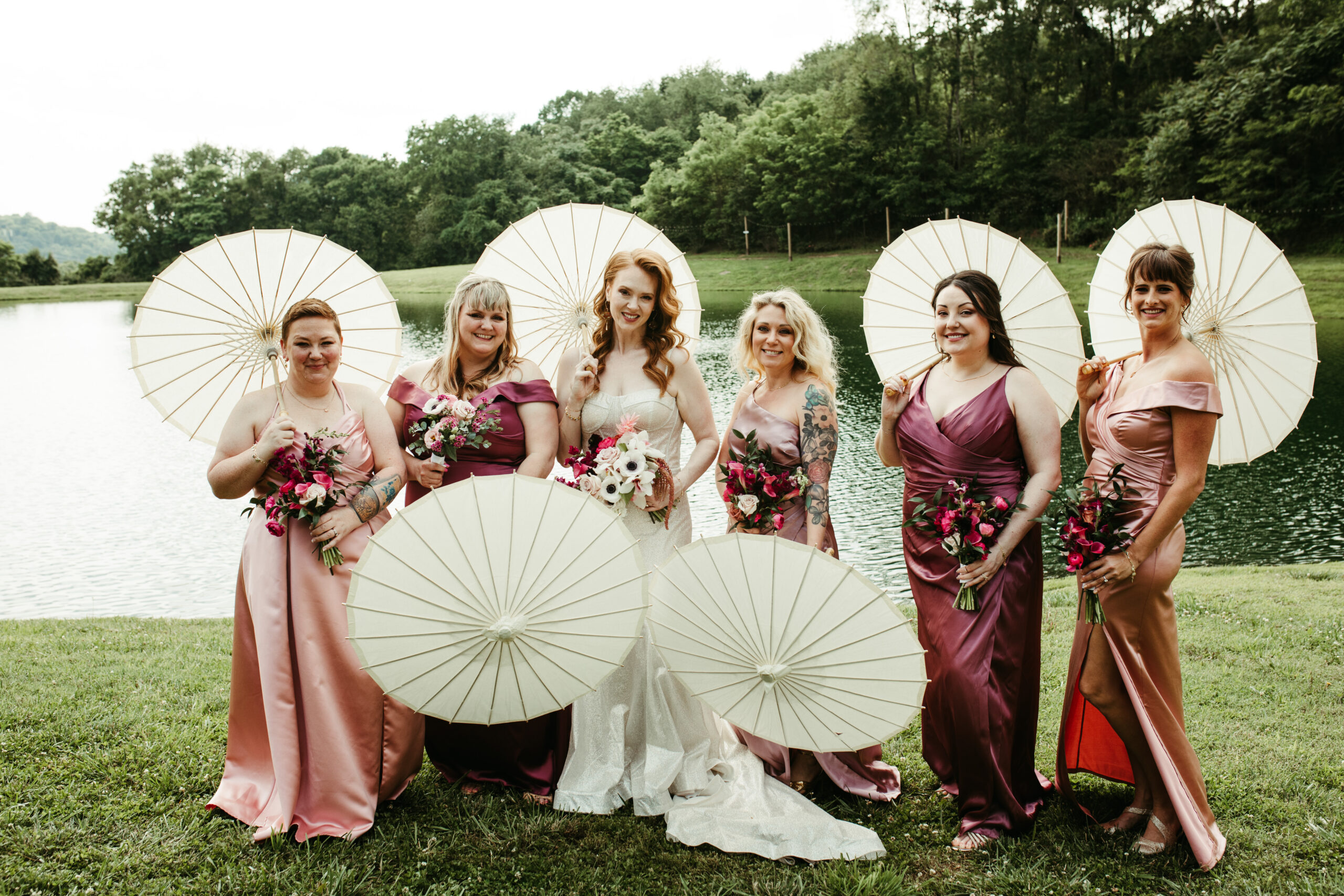 bridesmaids, bride, parasol